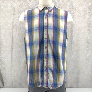 Vintage International Male Sleeveless Plaid Shirt‎ XL USA Rainbow Grunge Cotton